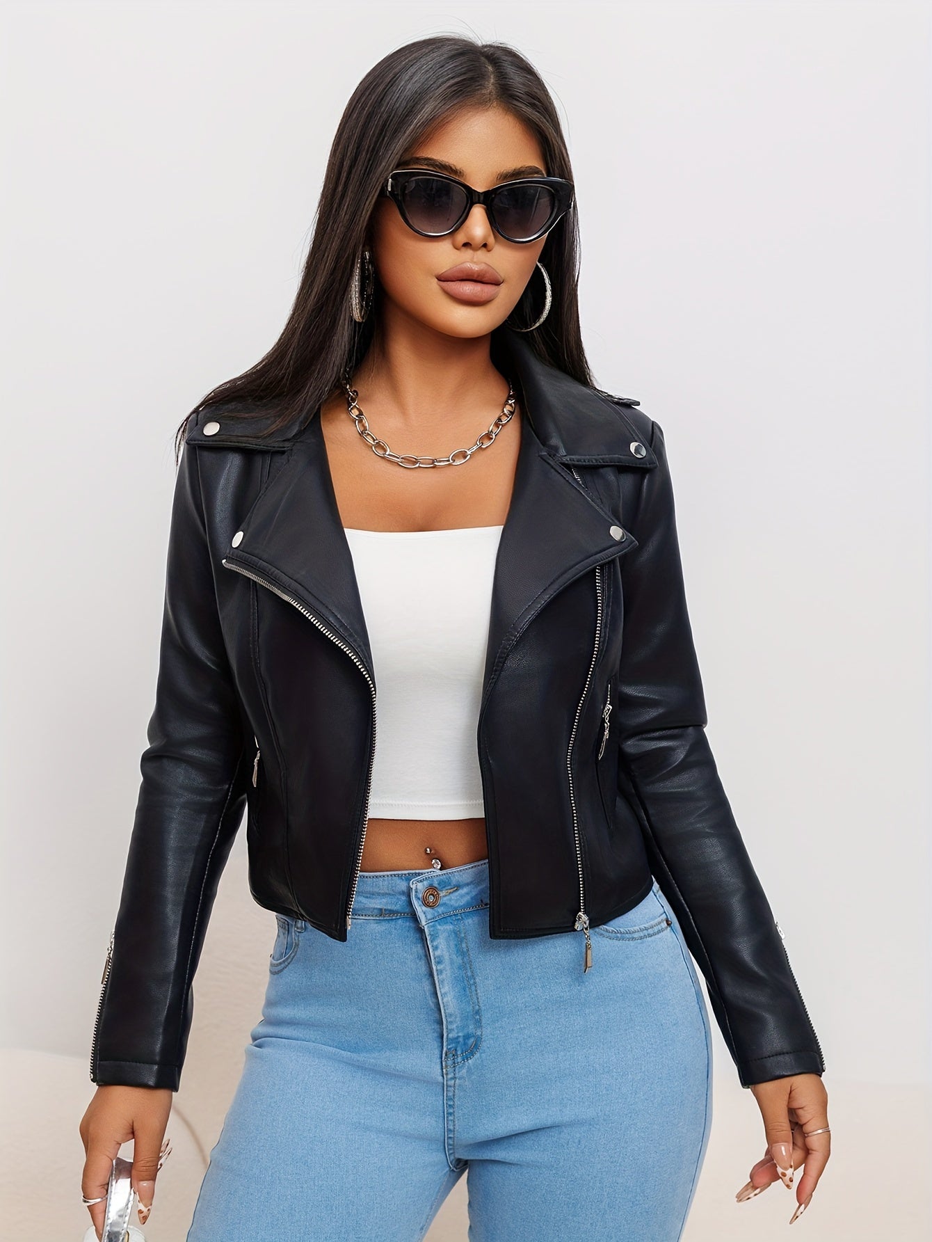 Faux Leather Moto Jacket for Polished Boutique Outfits with Faux Leather Finish