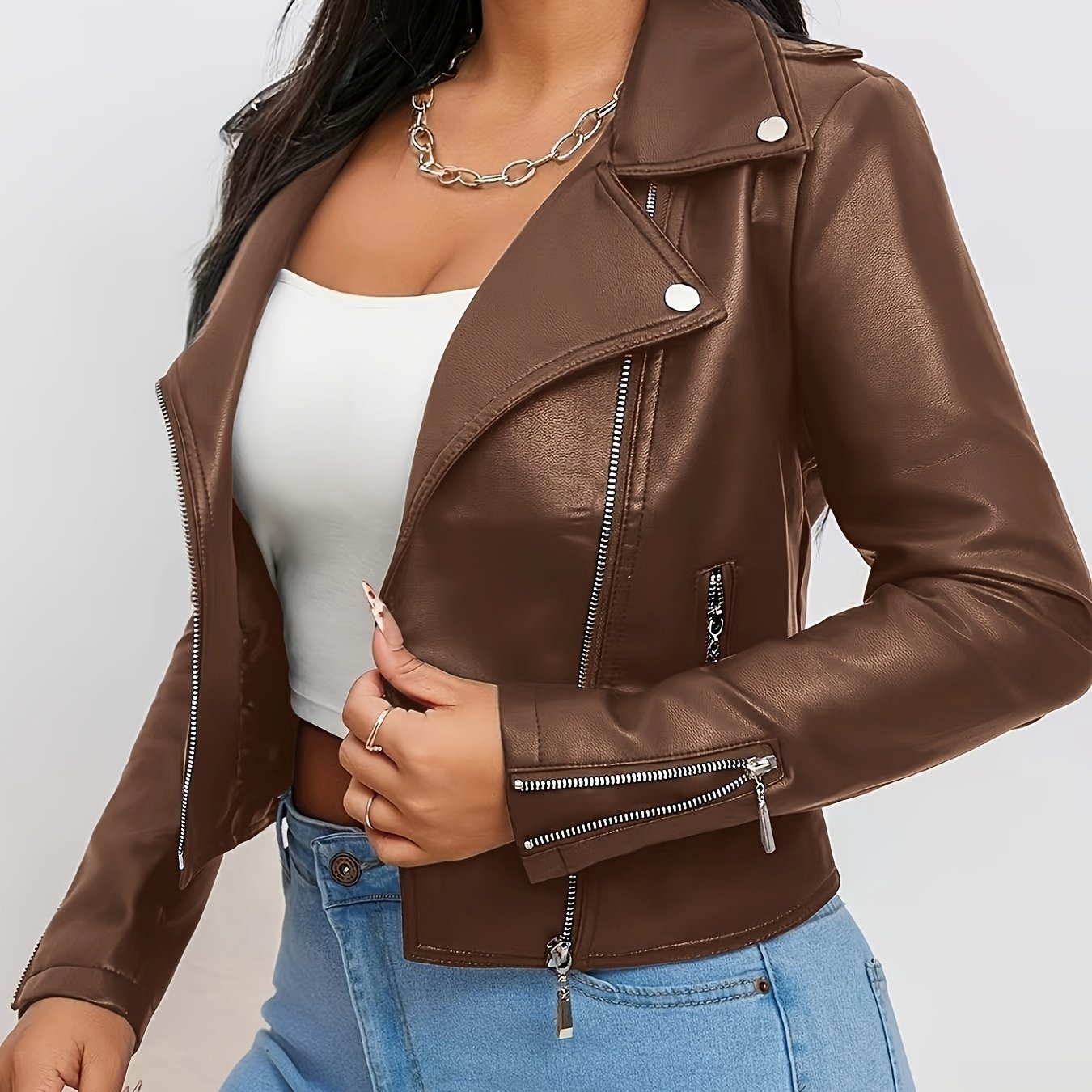 Faux Leather Moto Jacket for Polished Boutique Outfits with Faux Leather Finish