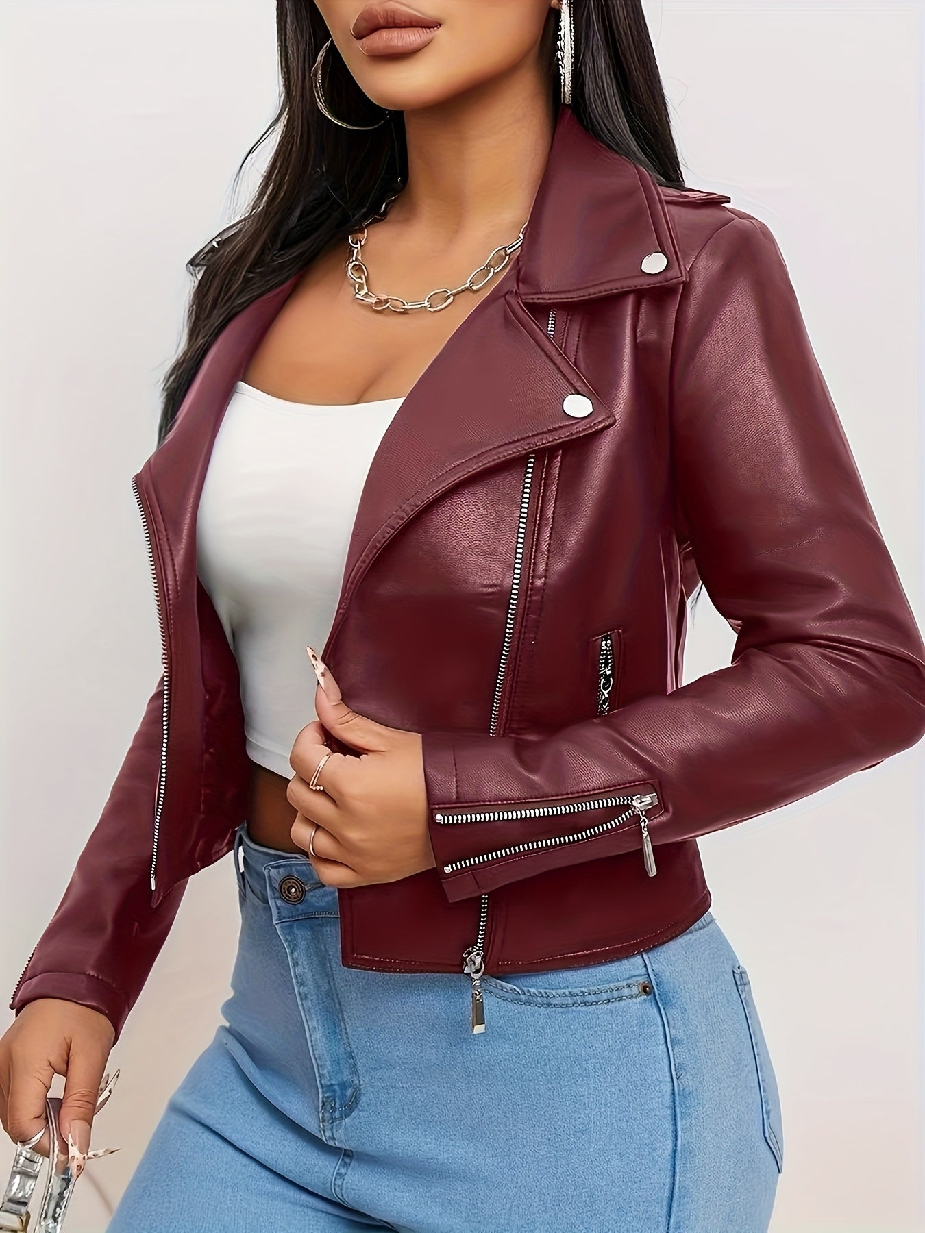 Faux Leather Moto Jacket for Polished Boutique Outfits with Faux Leather Finish