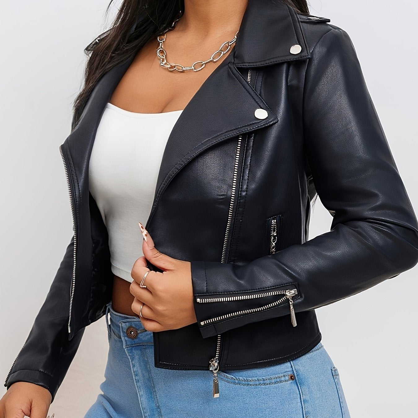 Faux Leather Moto Jacket for Polished Boutique Outfits with Faux Leather Finish