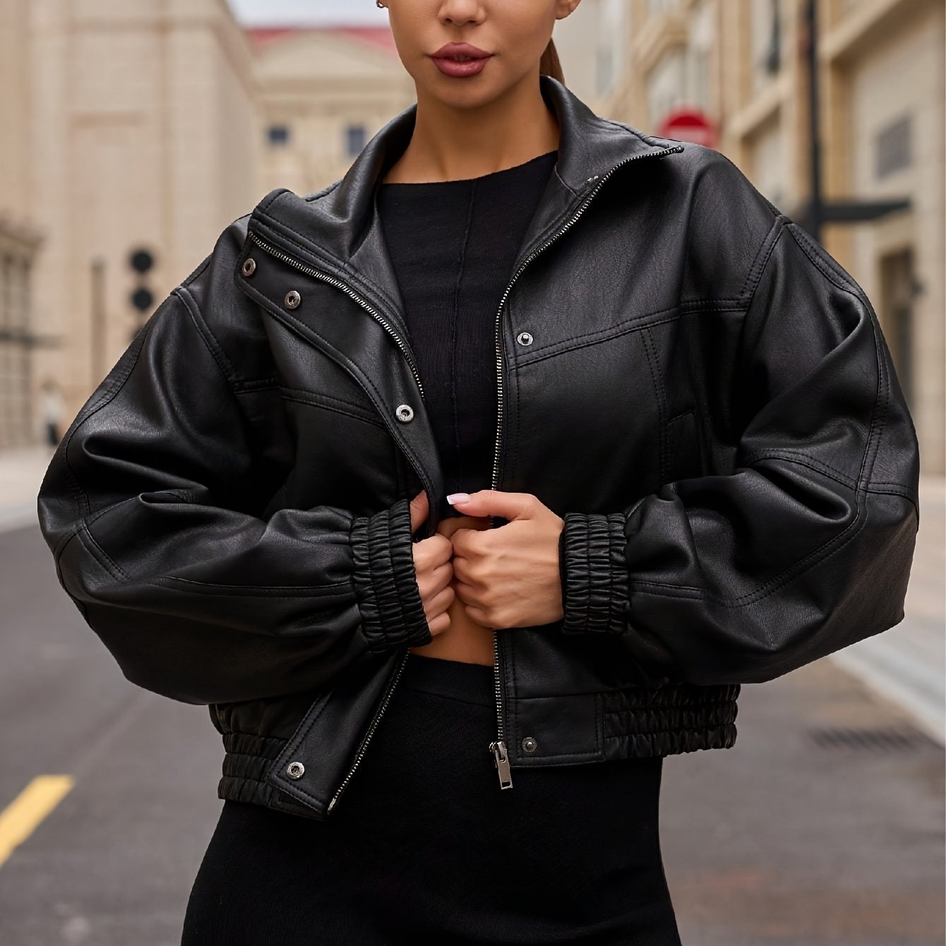 Cropped Faux Leather Jacket for Polished Boutique Outfits with Faux Leather Finish