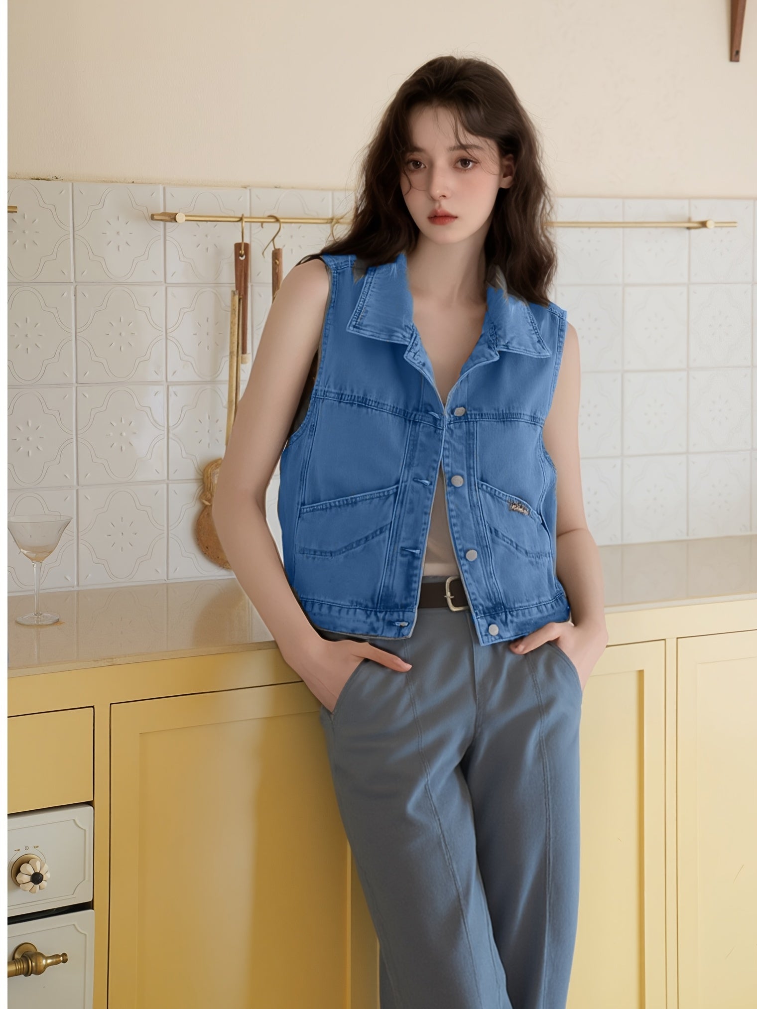 Button Front Vest for Polished Boutique Outfits with Denim Look