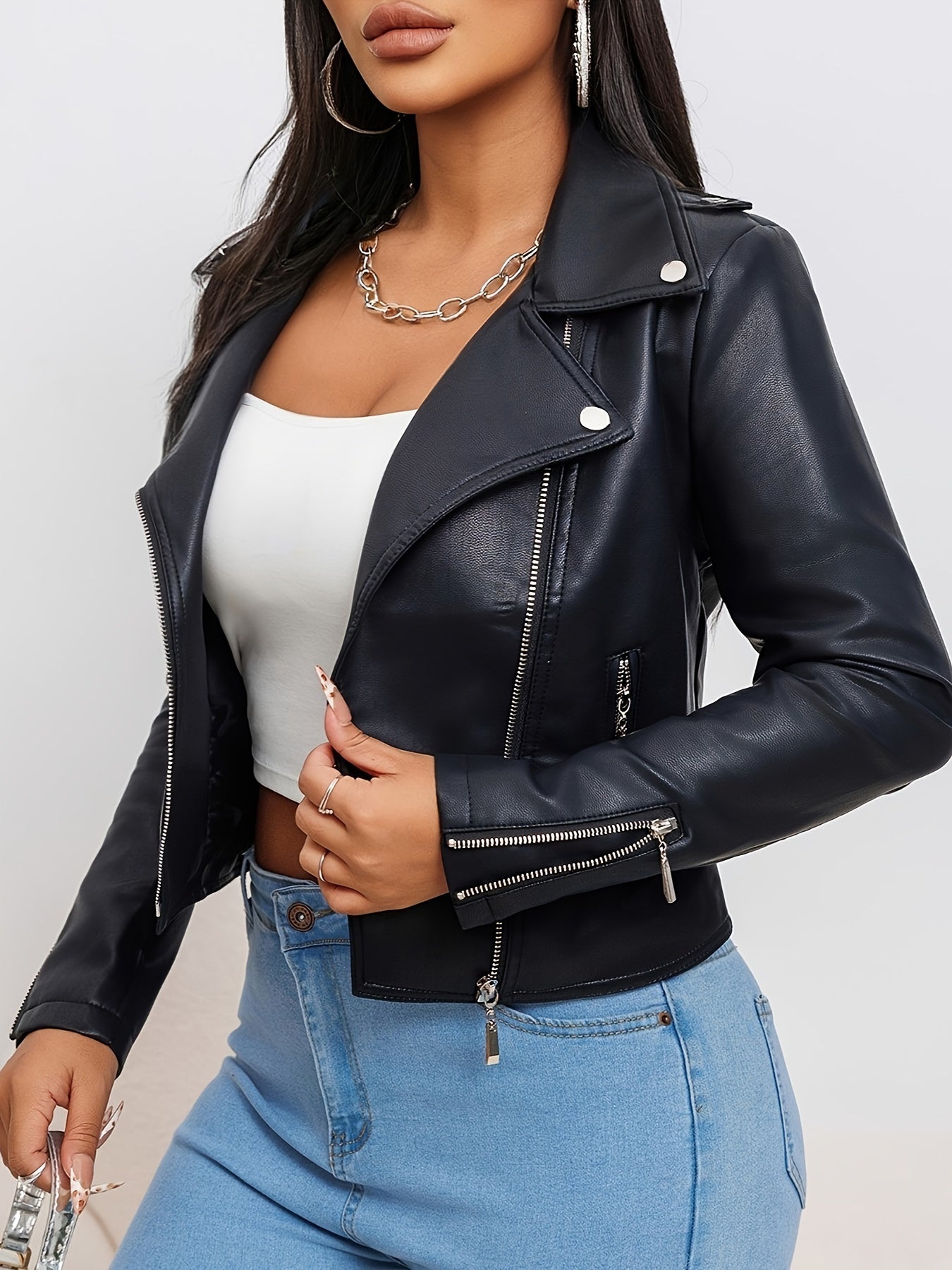 Faux Leather Moto Jacket for Polished Boutique Outfits with Faux Leather Finish