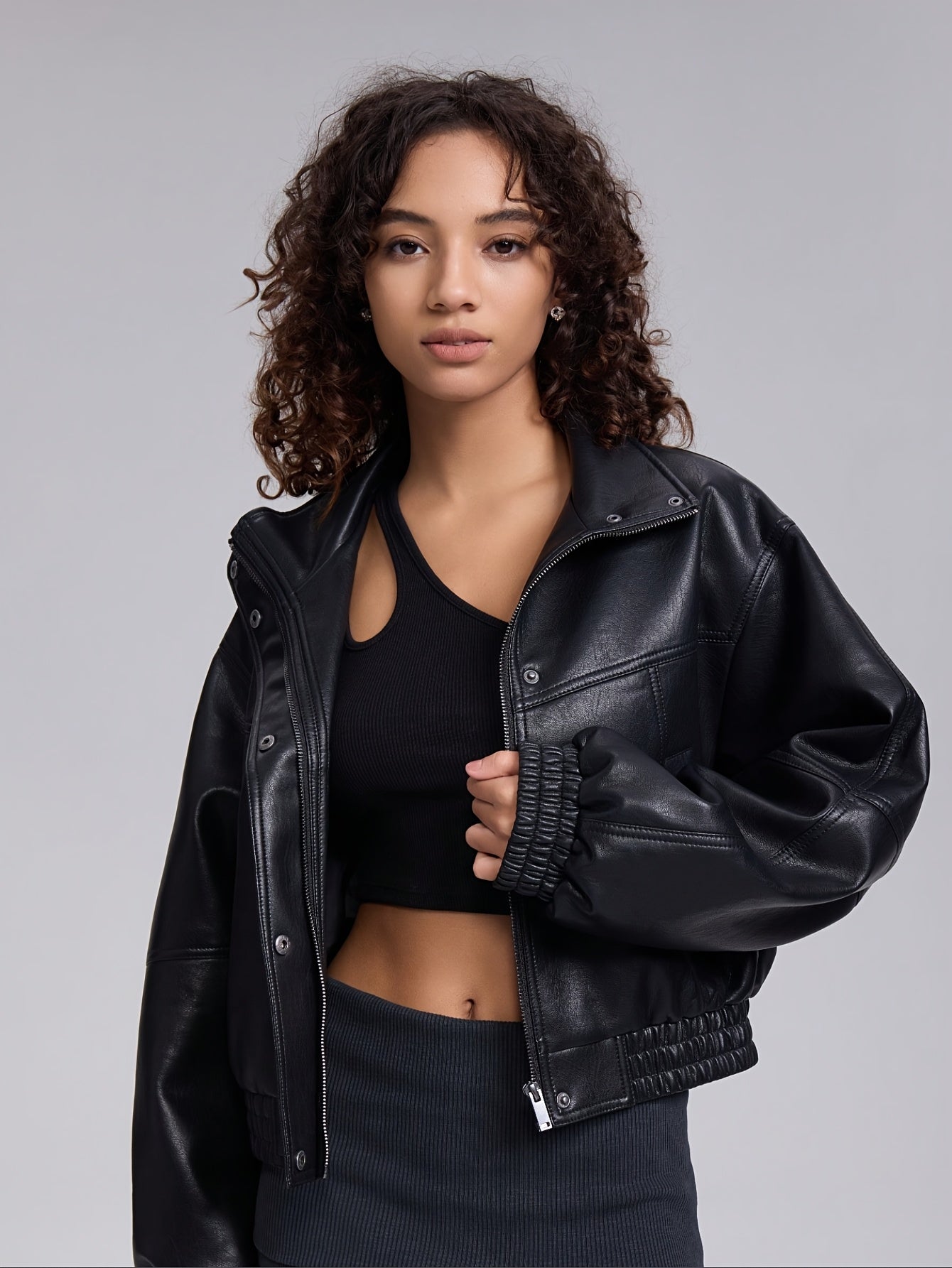 Cropped Faux Leather Jacket for Polished Boutique Outfits with Faux Leather Finish