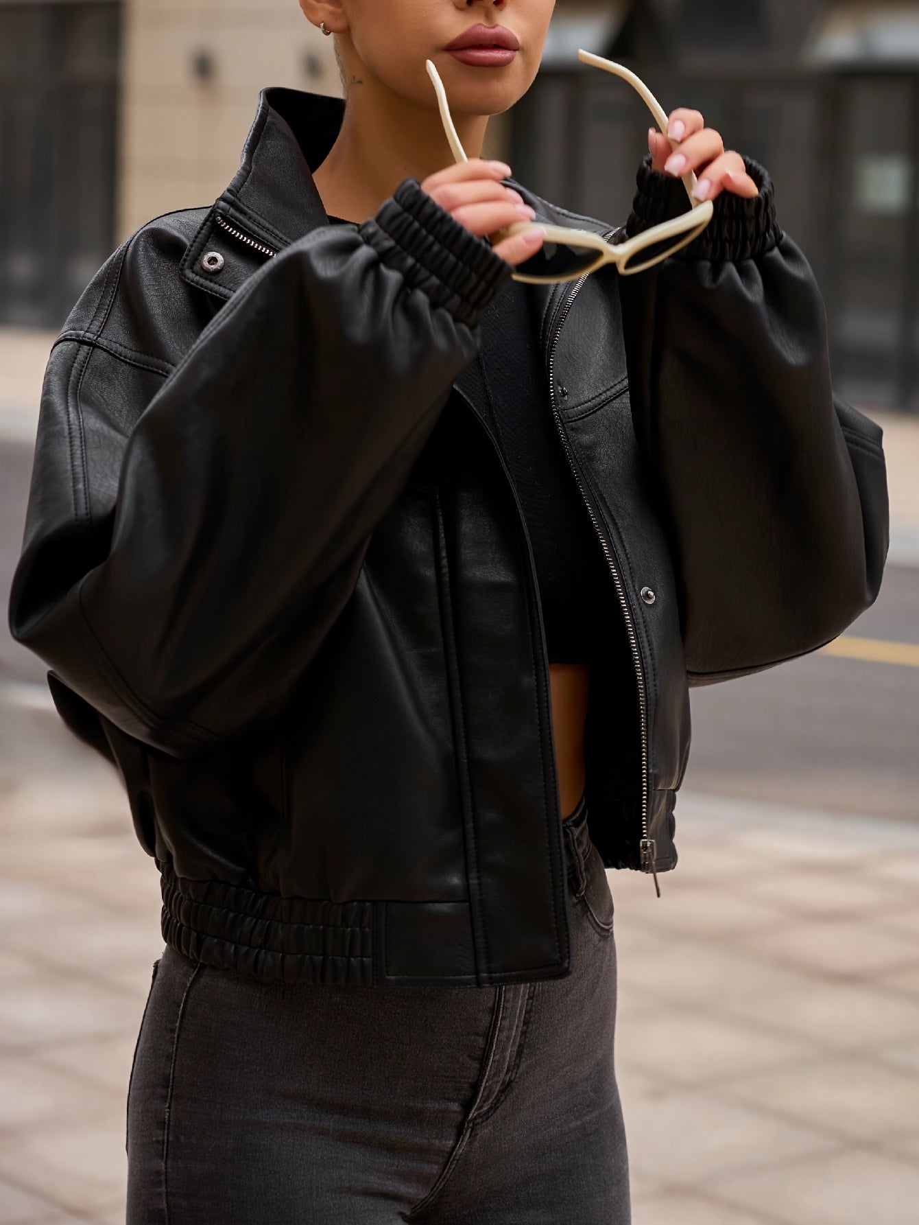 Cropped Faux Leather Jacket for Polished Boutique Outfits with Faux Leather Finish