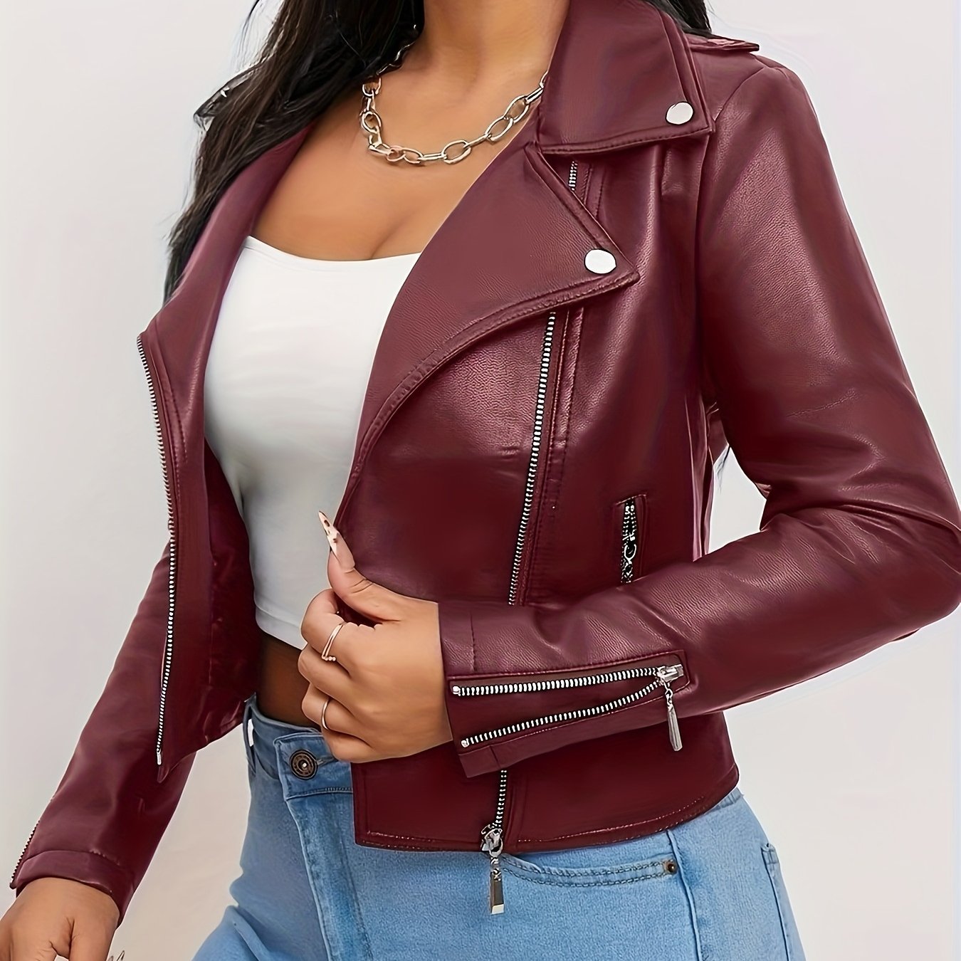 Faux Leather Moto Jacket for Polished Boutique Outfits with Faux Leather Finish