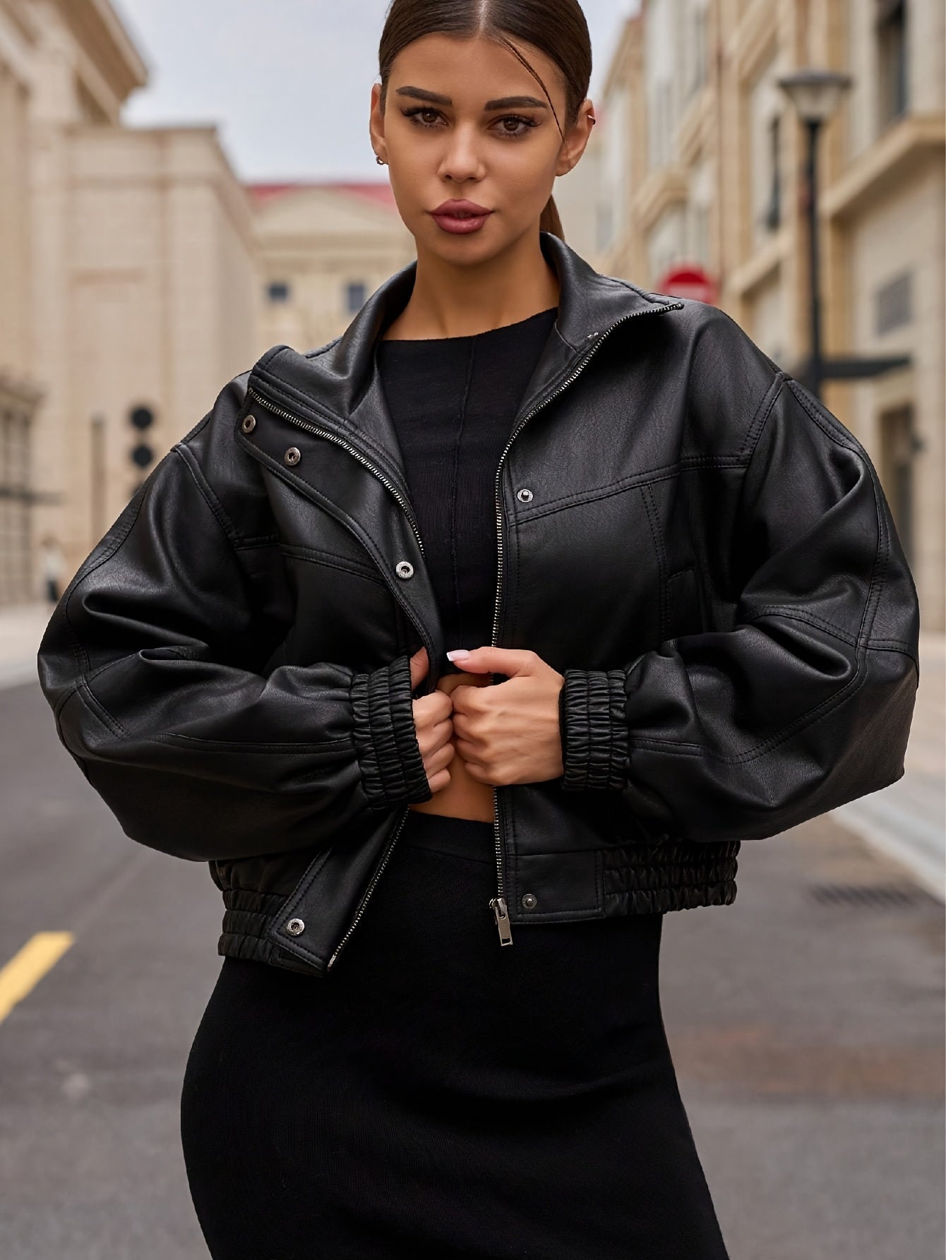 Cropped Faux Leather Jacket for Polished Boutique Outfits with Faux Leather Finish