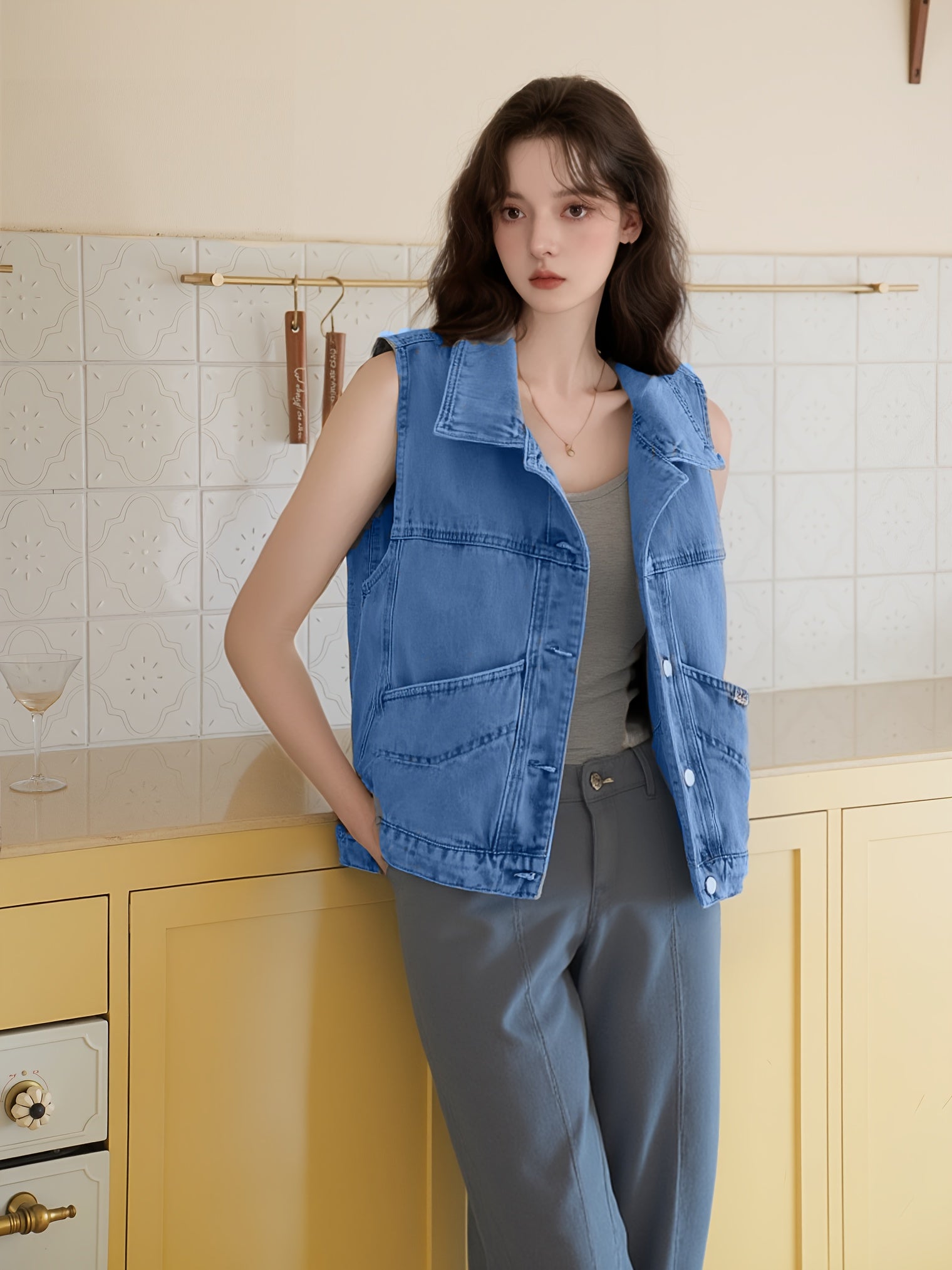 Button Front Vest for Polished Boutique Outfits with Denim Look