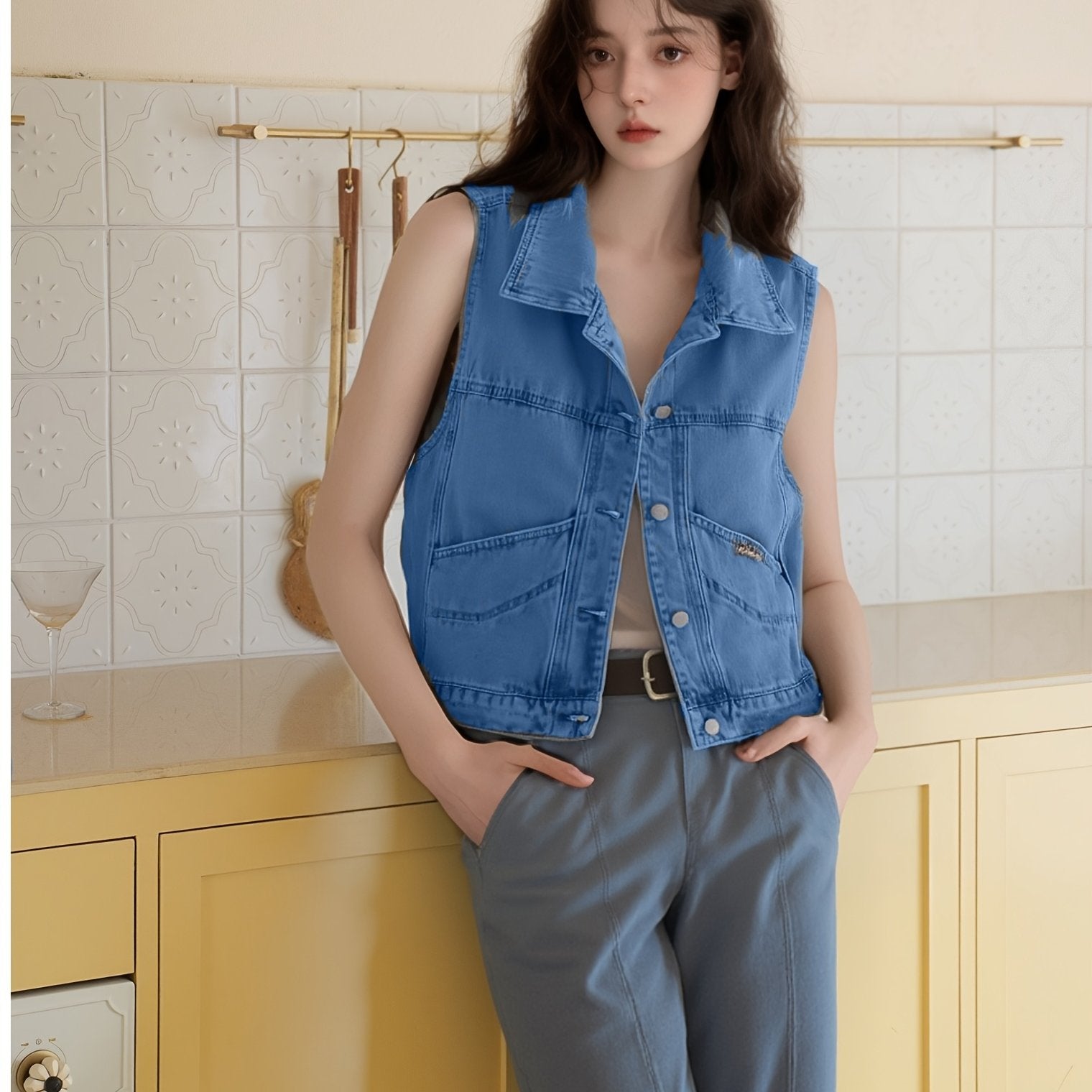 Button Front Vest for Polished Boutique Outfits with Denim Look